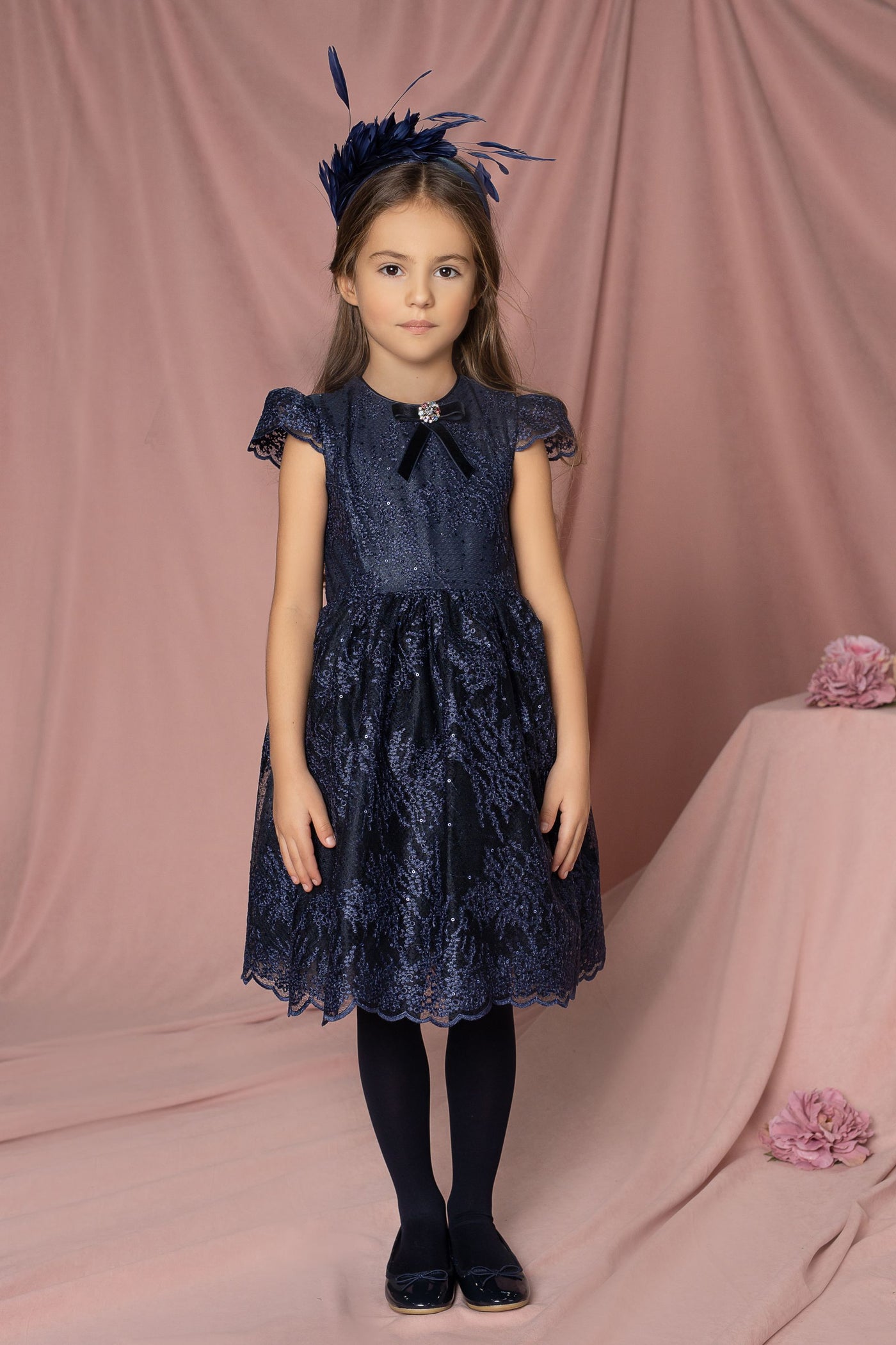 Navy blue sequin lace dress with velvet bow with Swarovski button