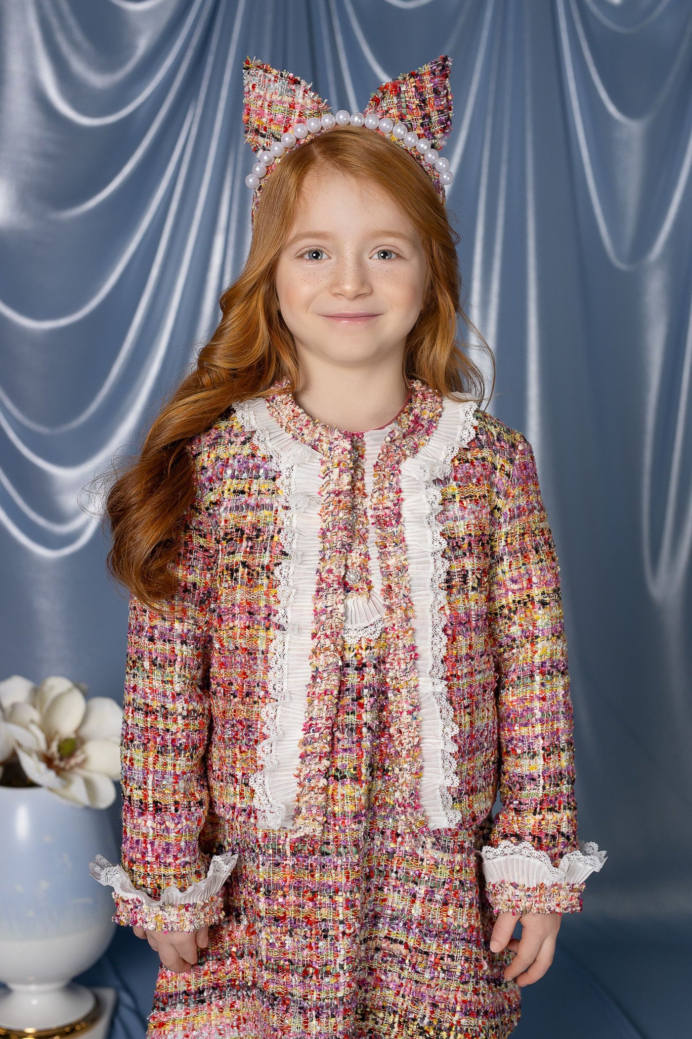 Multicolor tweed blazer with white frills