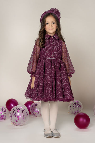 Wine and silver floral lace dress with Swarovski buttons