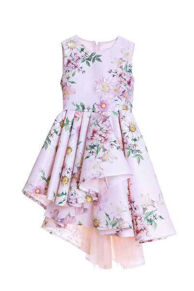 Light pink satin floral asymmetrical dress with hand-embellishments