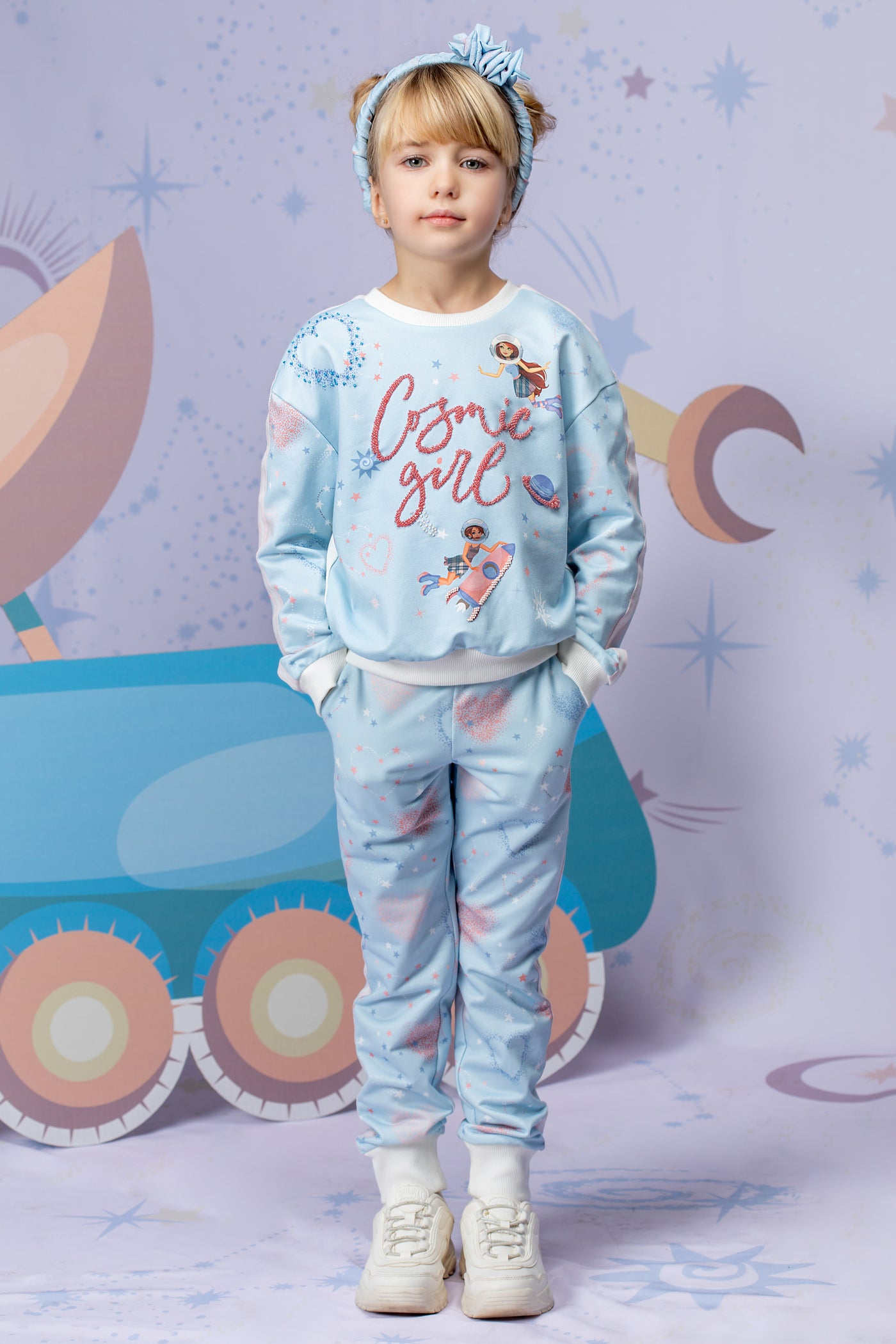 Light blue Cosmic girl printed tracksuit with handmade embellishments