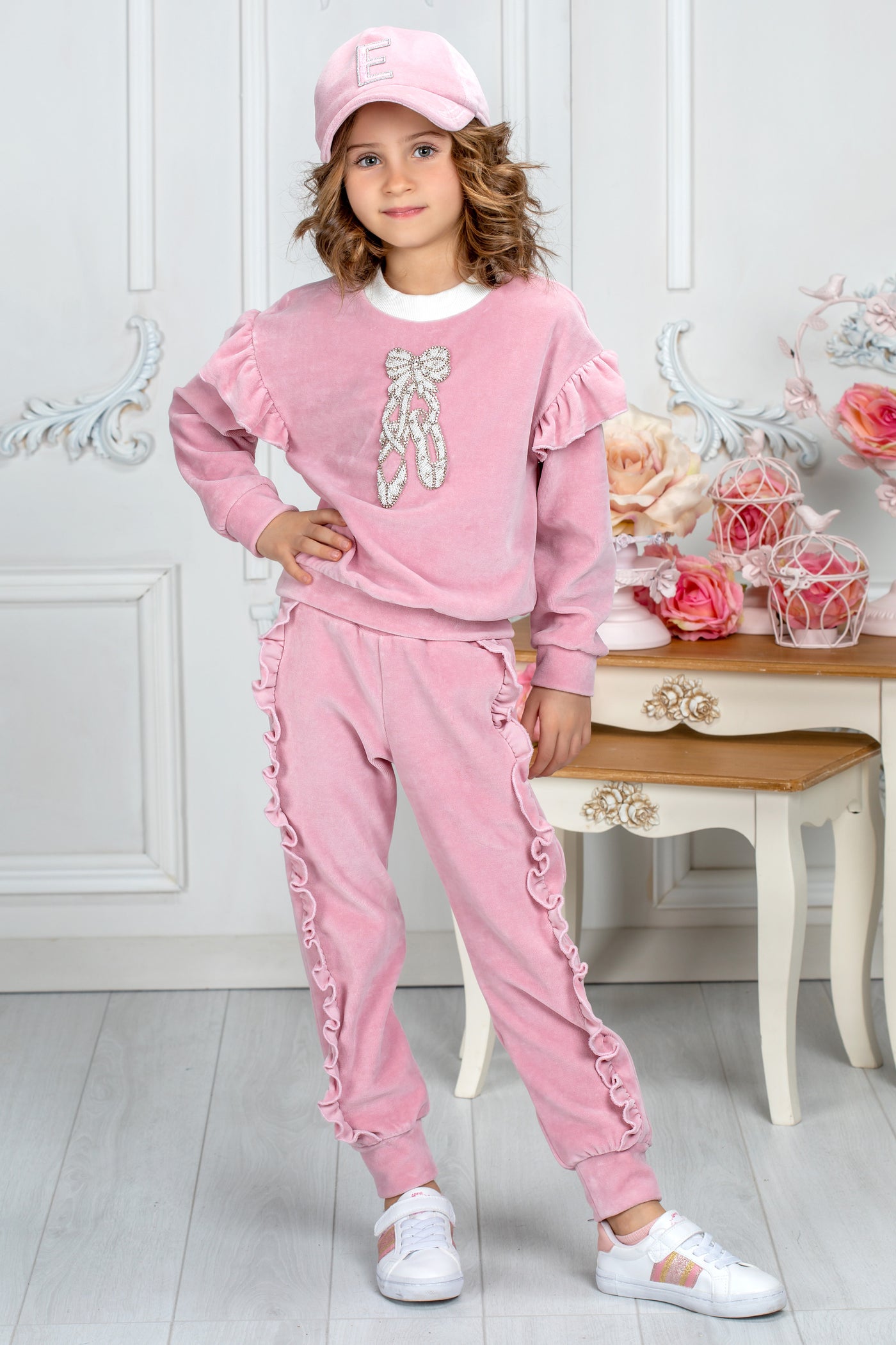 Velvet soft pink tracksuit with a handmade ballet shoes crystal embroidery