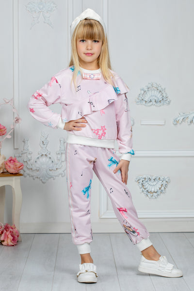 Light pink tracksuit with bows print and ruffles