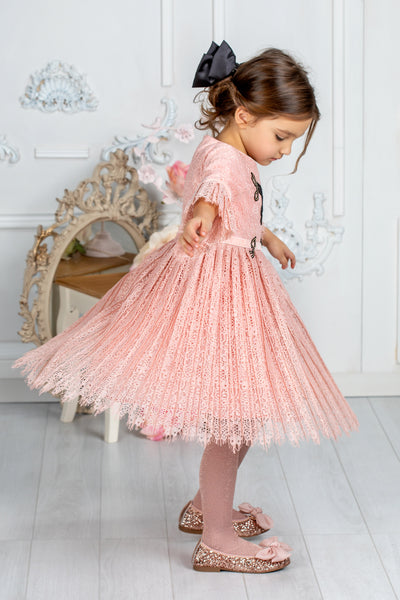 Soft pink pleated lace dress with handmade musical notes embellishments