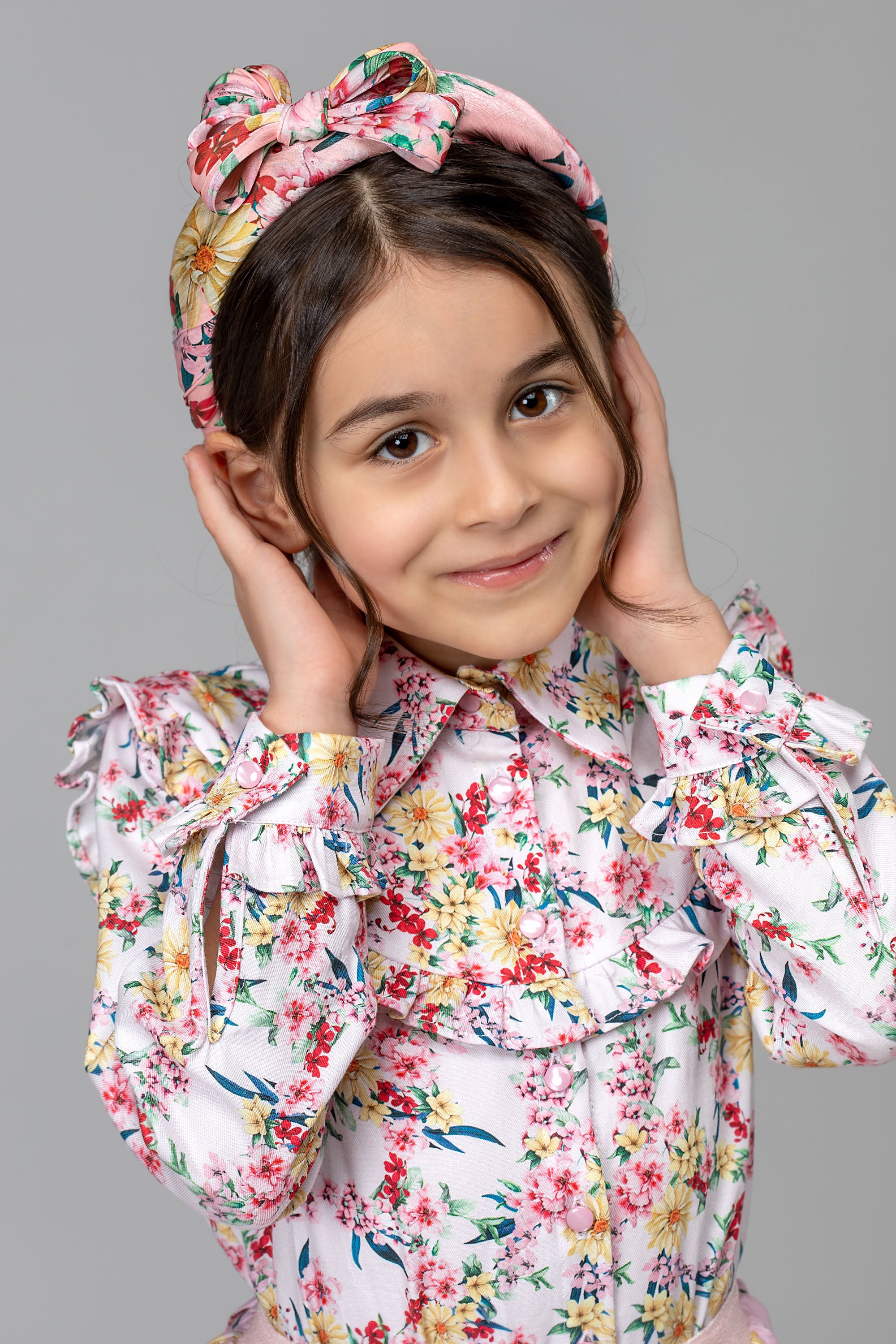 Light pink printed floral shirt with frills