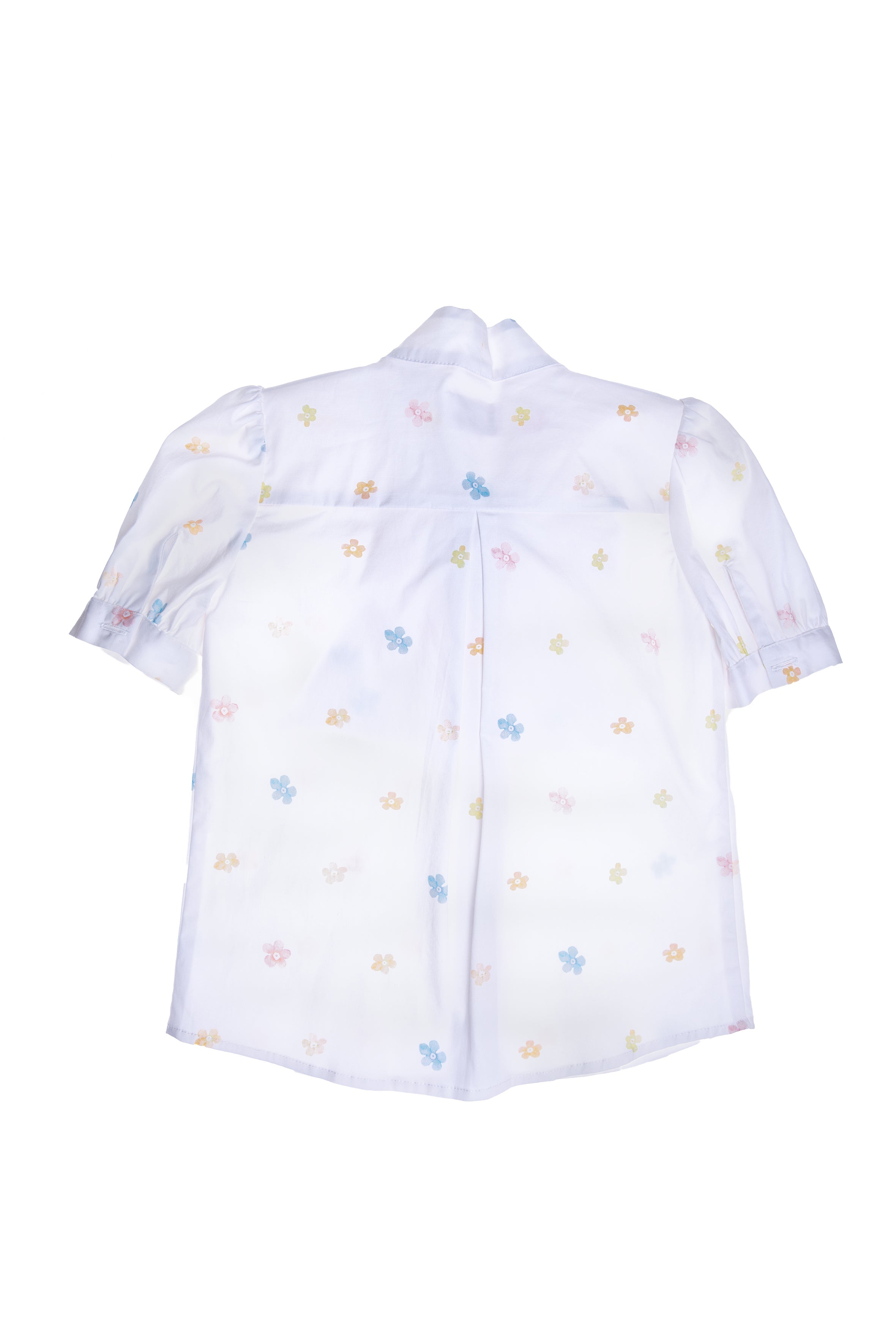 White satin cotton shirt with small flowers print and pussy bow