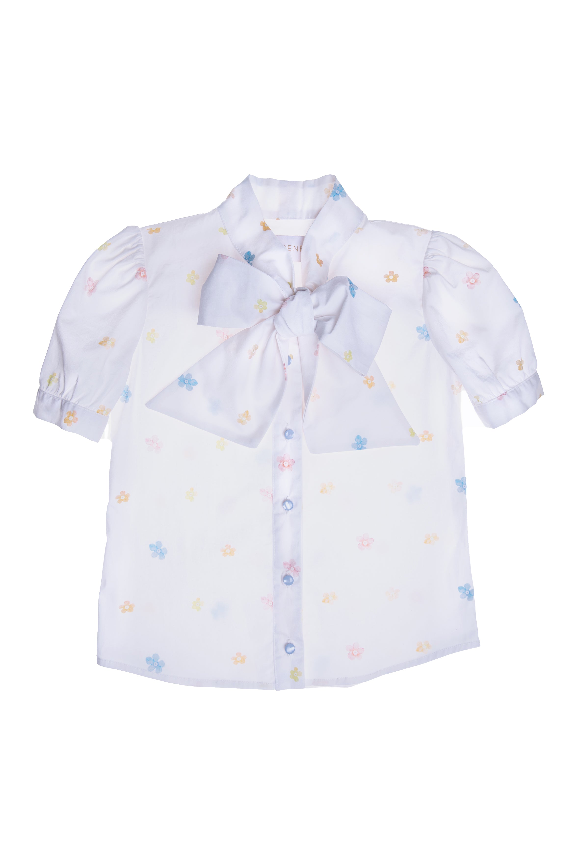 White satin cotton shirt with small flowers print and pussy bow