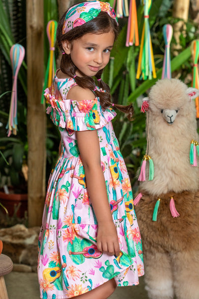 Pink cactuses and guitars cotton dress