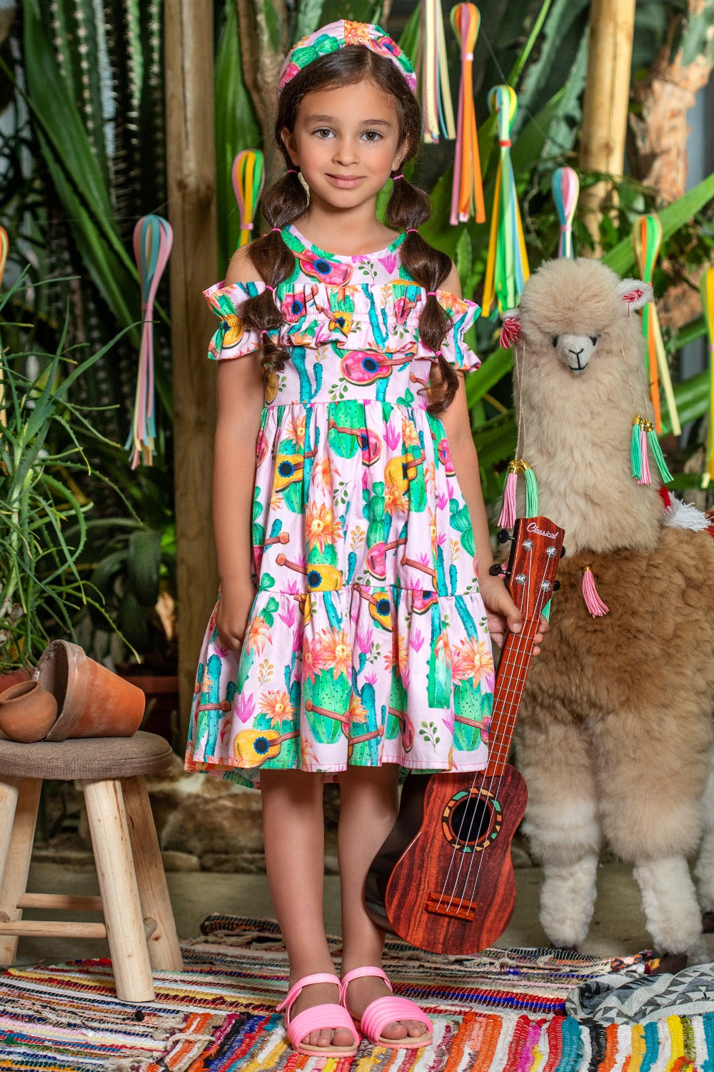 Pink cactuses and guitars cotton dress