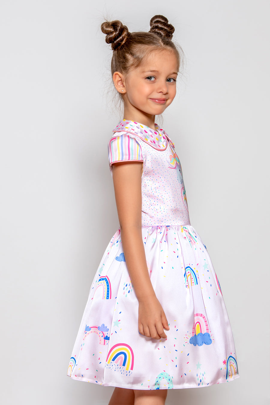 Pink unicorn dress with collar and rainbows with hand-made embellishments