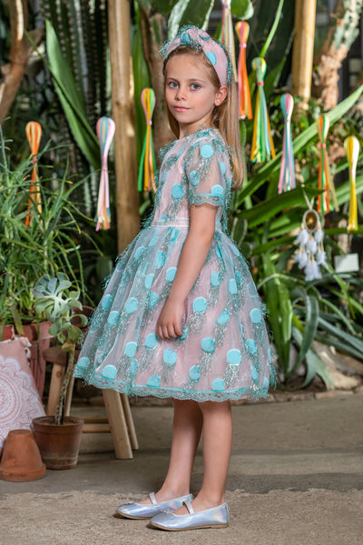 Light blue dots with fringes organza dress