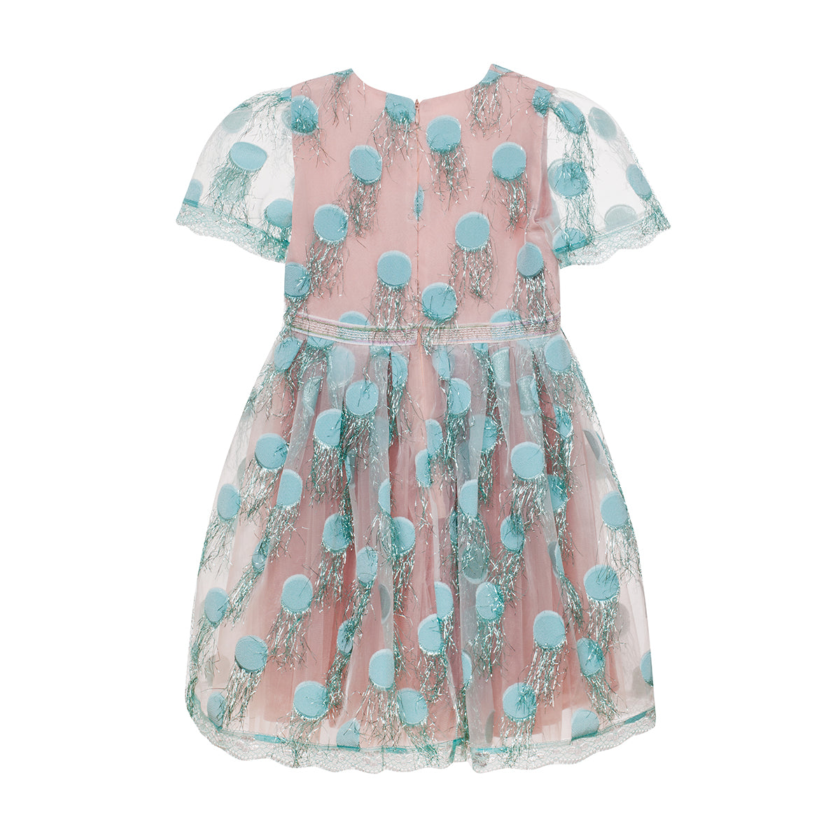 Light blue dots with fringes organza dress