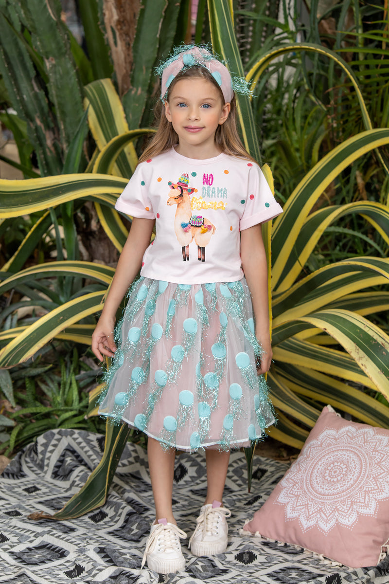 Light blue dots with fringes organza skirt