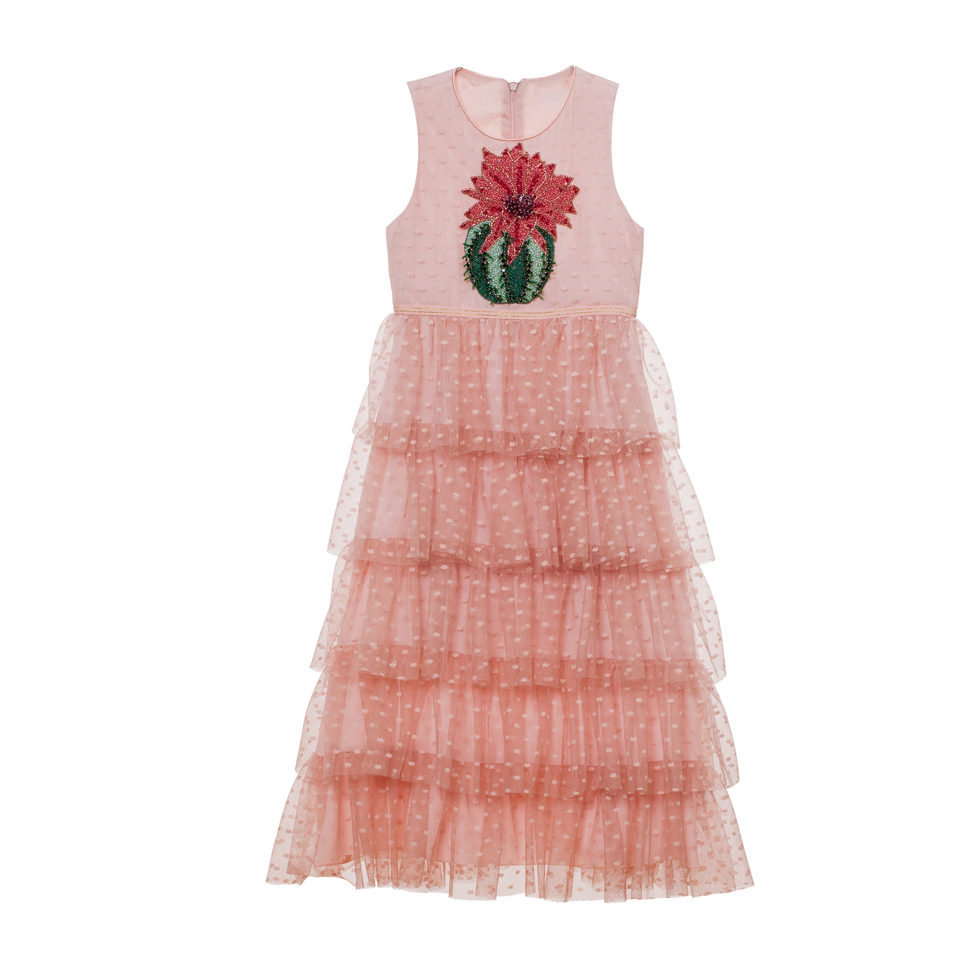 Pink tulle dress with hand-made cactus with flower embroidery