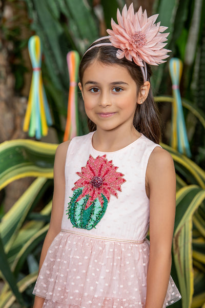 Pink tulle dress with hand-made cactus with flower embroidery