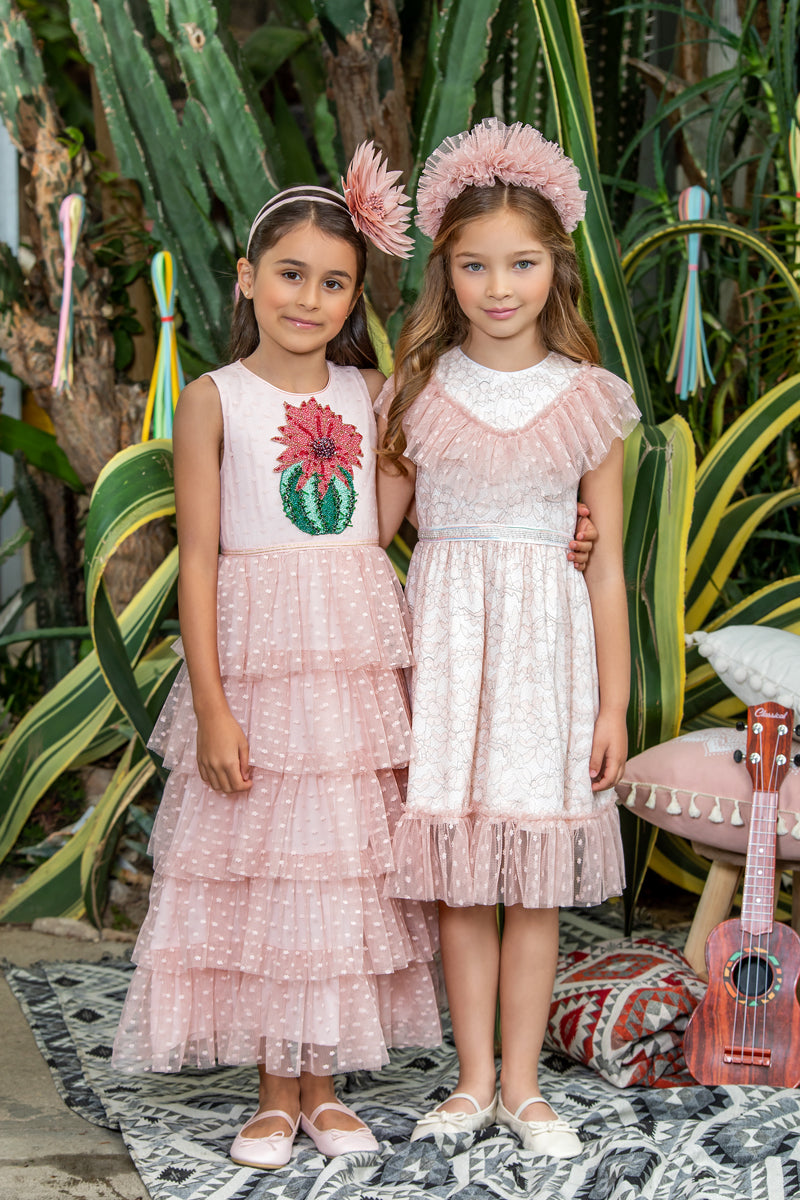 Pink tulle dress with hand-made cactus with flower embroidery