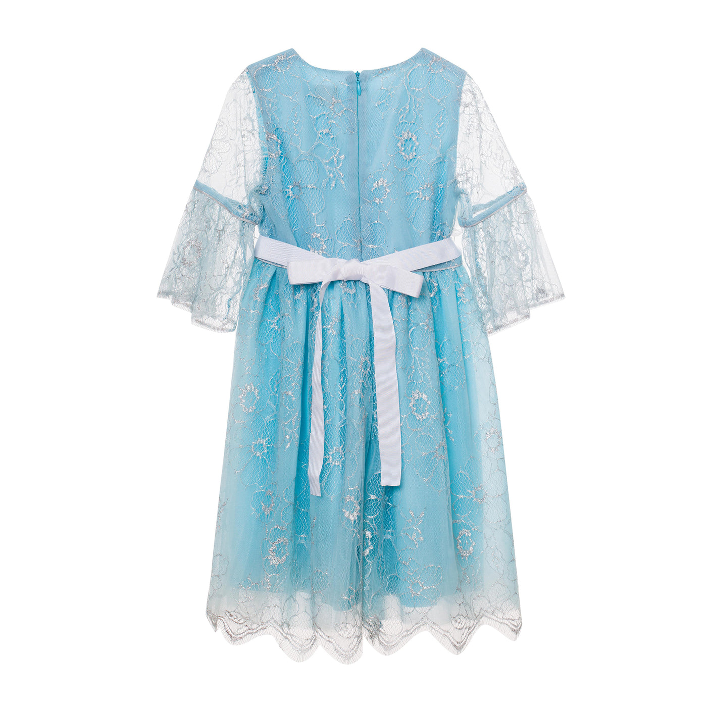Baby blue and silver lace dress with white flower