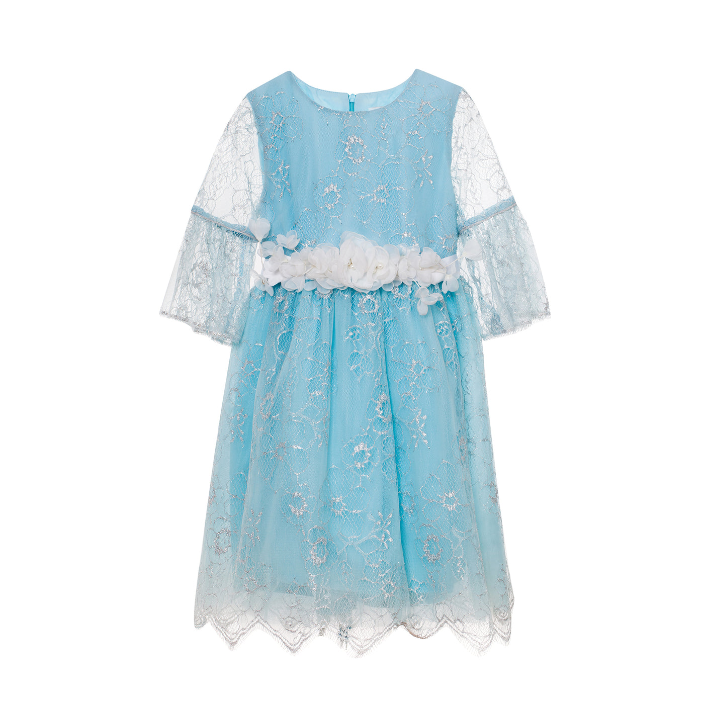 Baby blue and silver lace dress with white flower