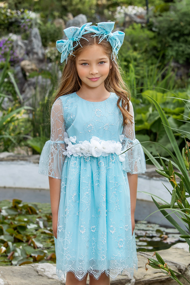 Baby blue and silver lace dress with white flower