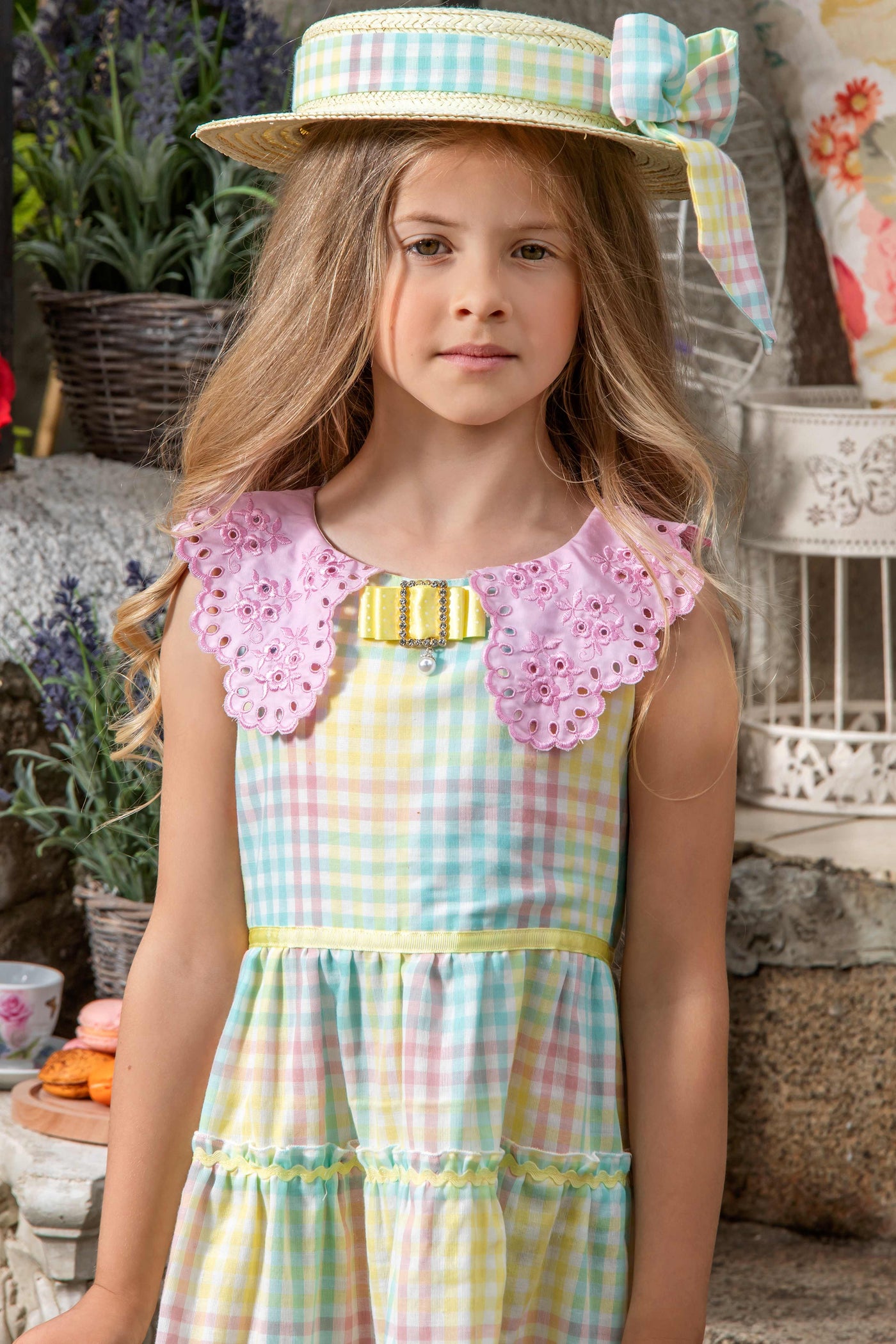 Check cotton long dress with pink collar and yellow bow