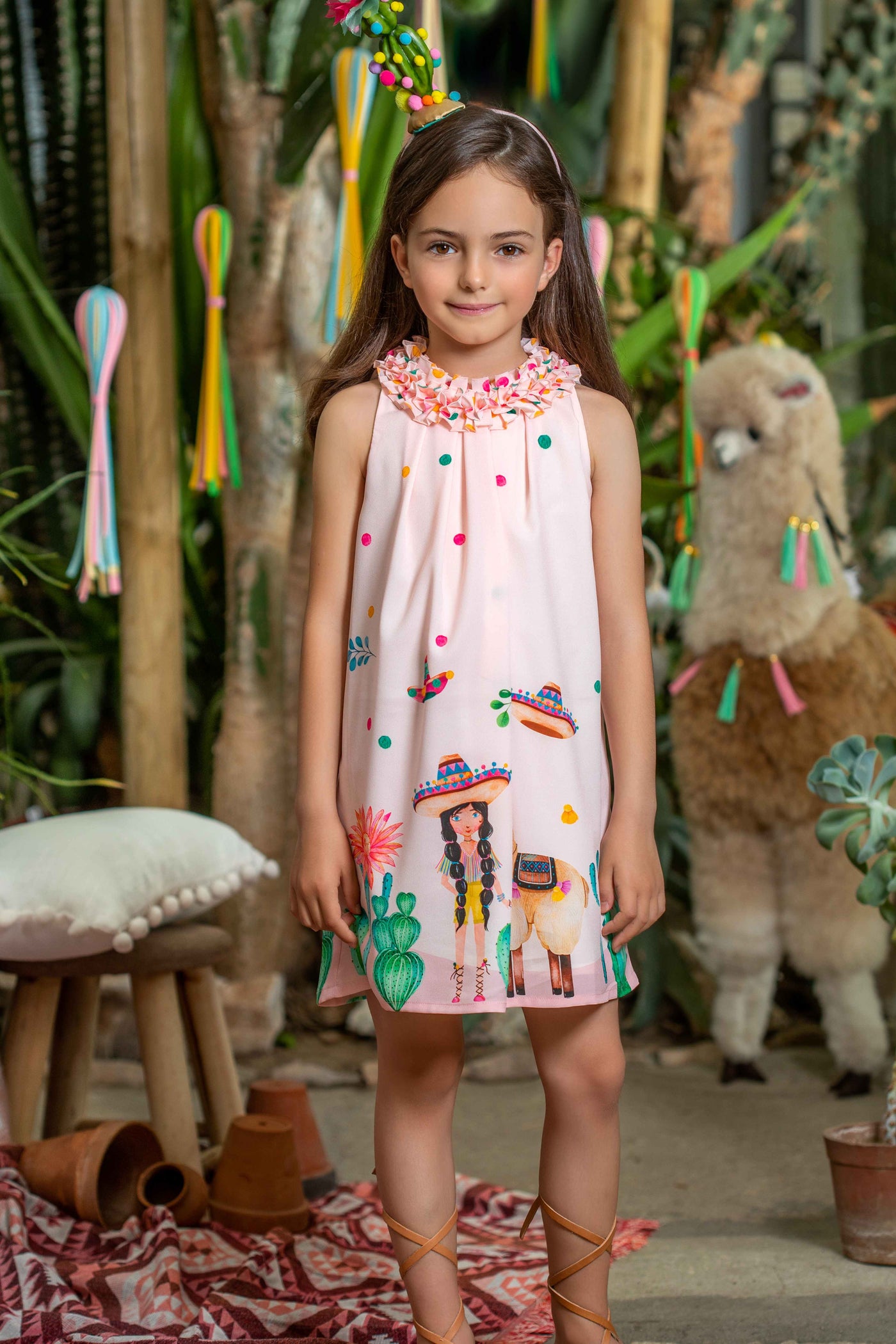 Light pink Mexican girl and lama dress with pleated collar