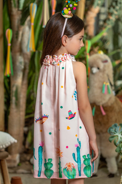 Light pink Mexican girl and lama dress with pleated collar