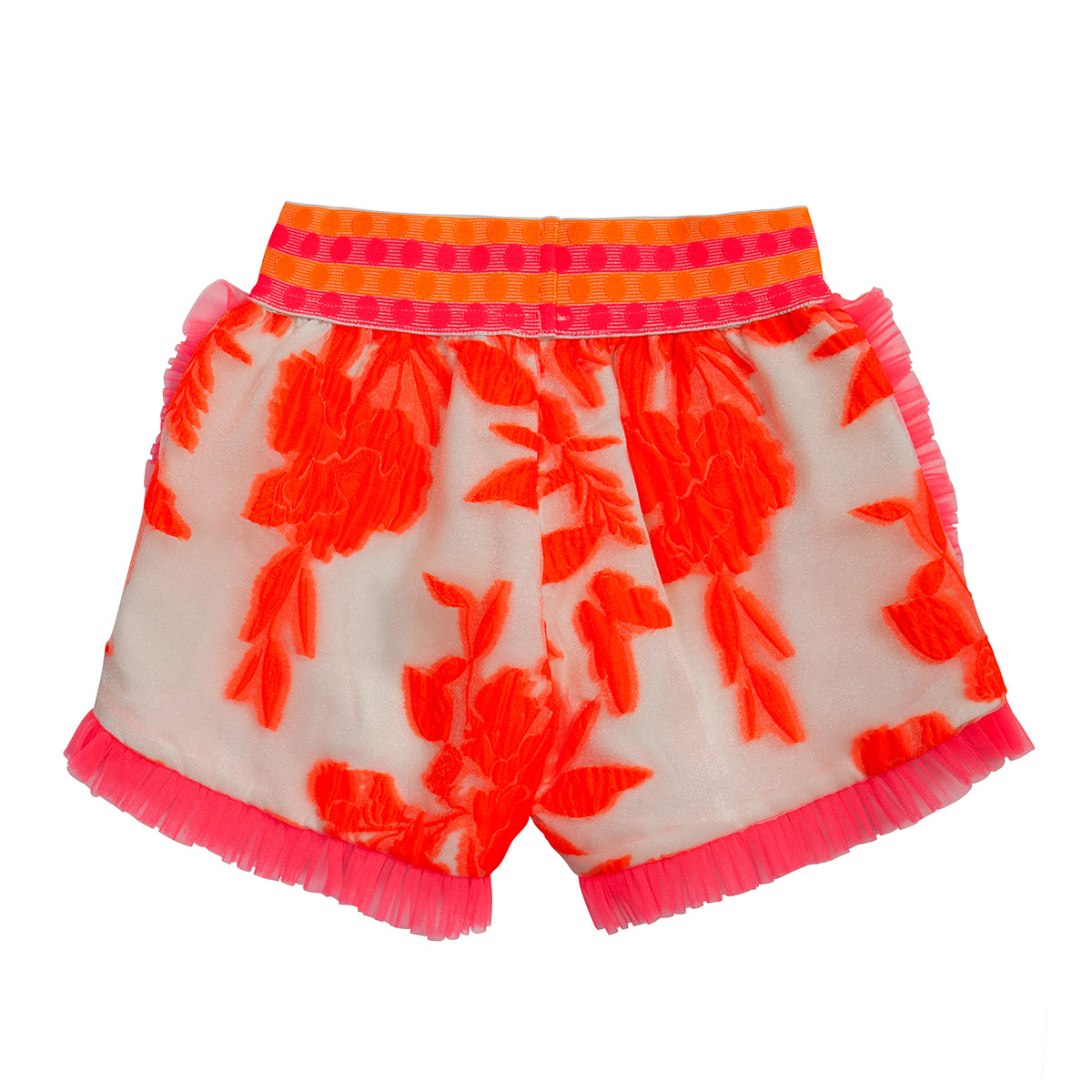 Orange neon floral organza shorts with frills