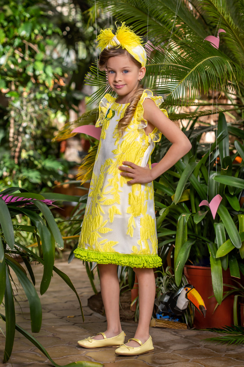 Yellow neon floral organza dress with green fringes and pear hand-made appliqué