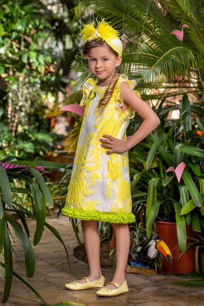 Yellow neon floral organza dress with green fringes and pear hand-made appliqué