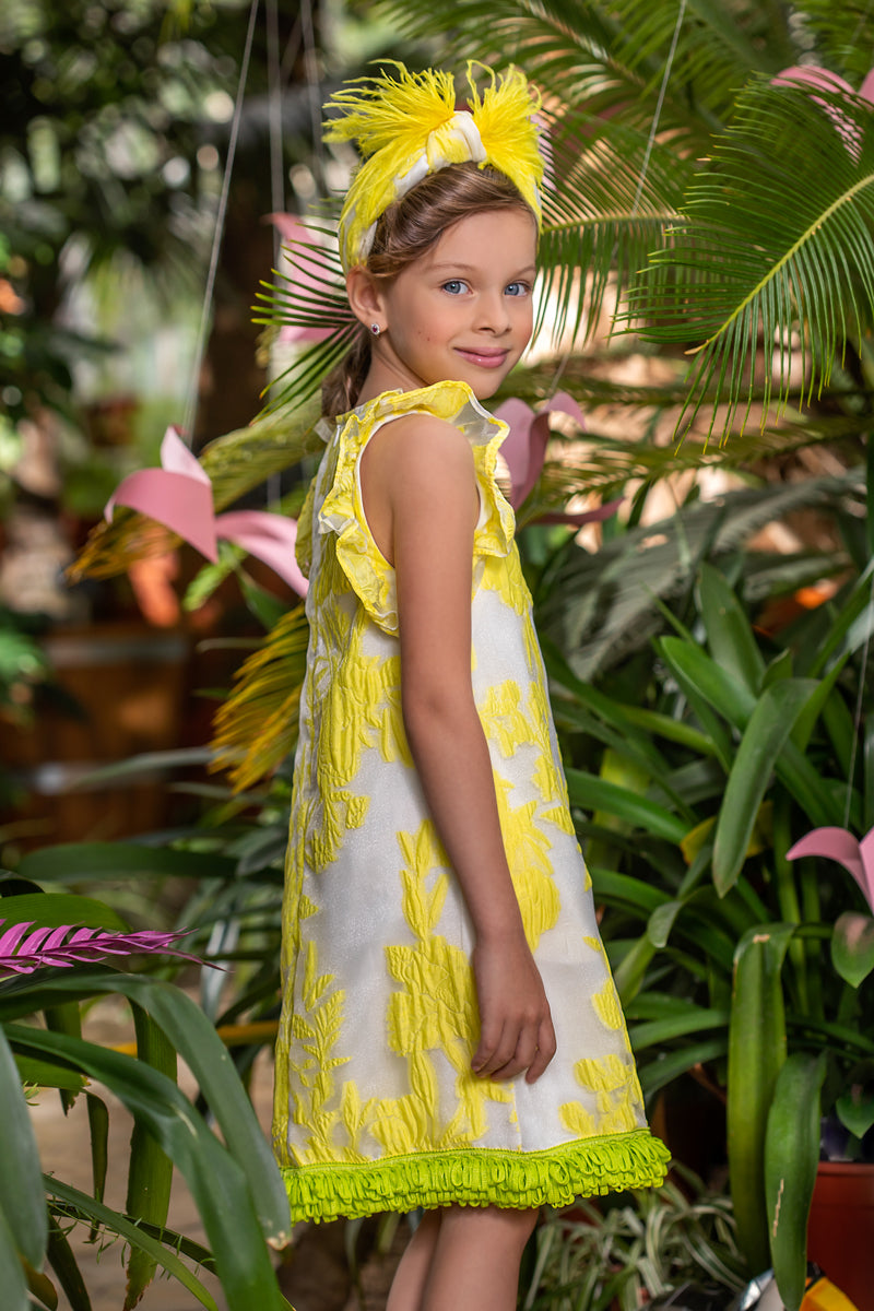 Yellow neon floral organza dress with green fringes and pear hand-made appliqué