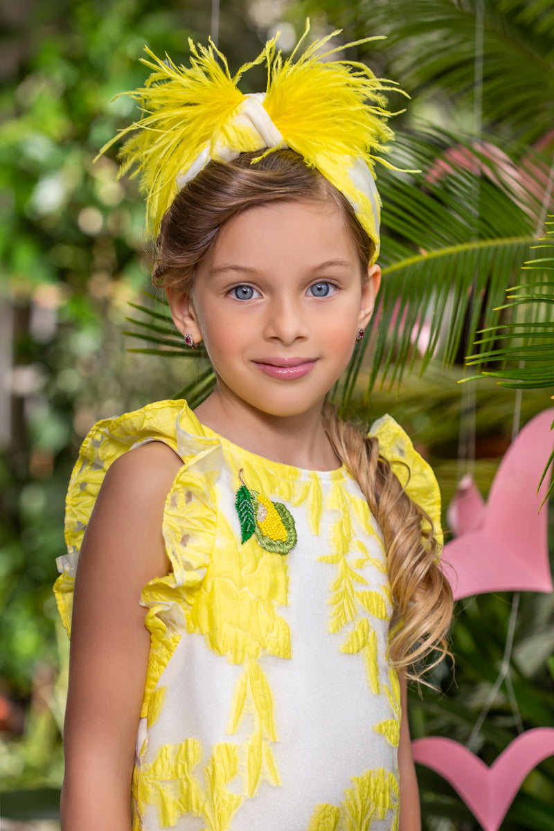 Yellow neon floral organza dress with green fringes and pear hand-made appliqué