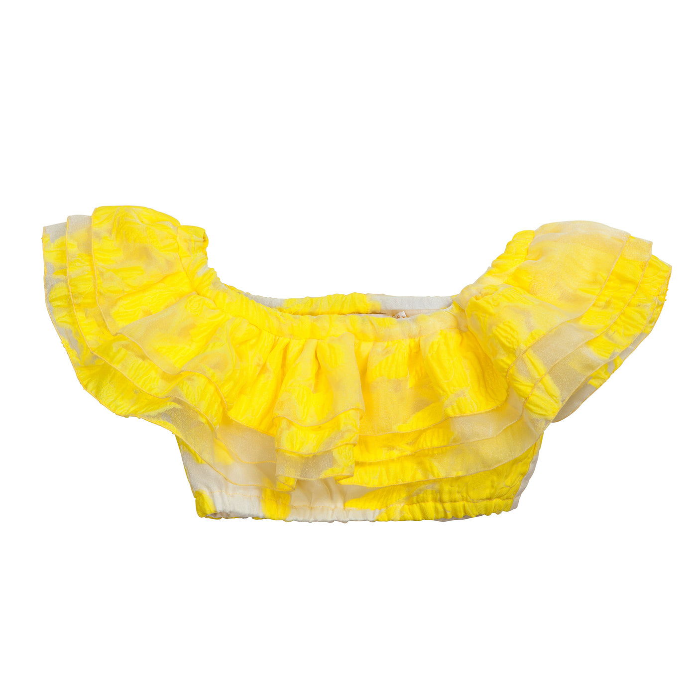 Yellow neon floral organza short top and skirt set