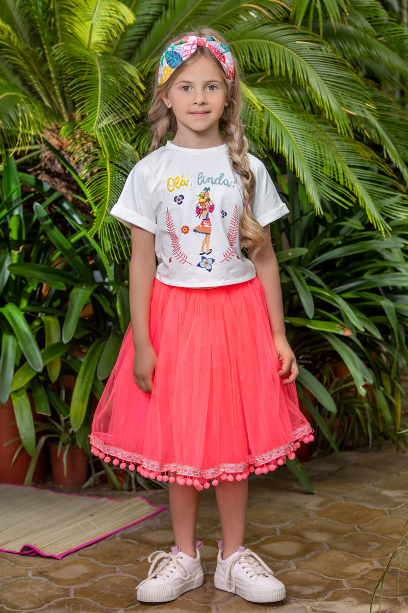 Pink neon tulle skirt with pom poms