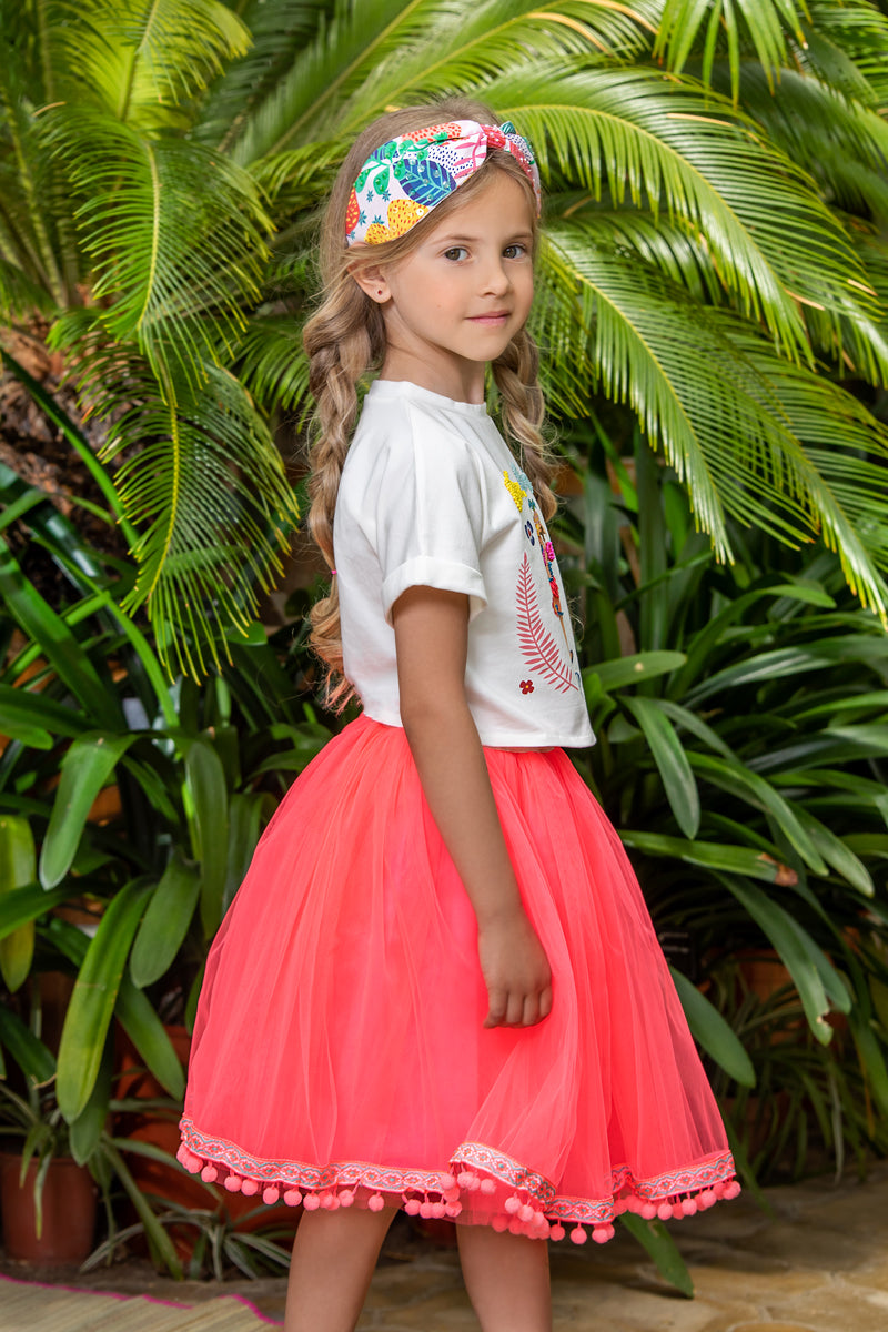 Pink neon tulle skirt with pom poms