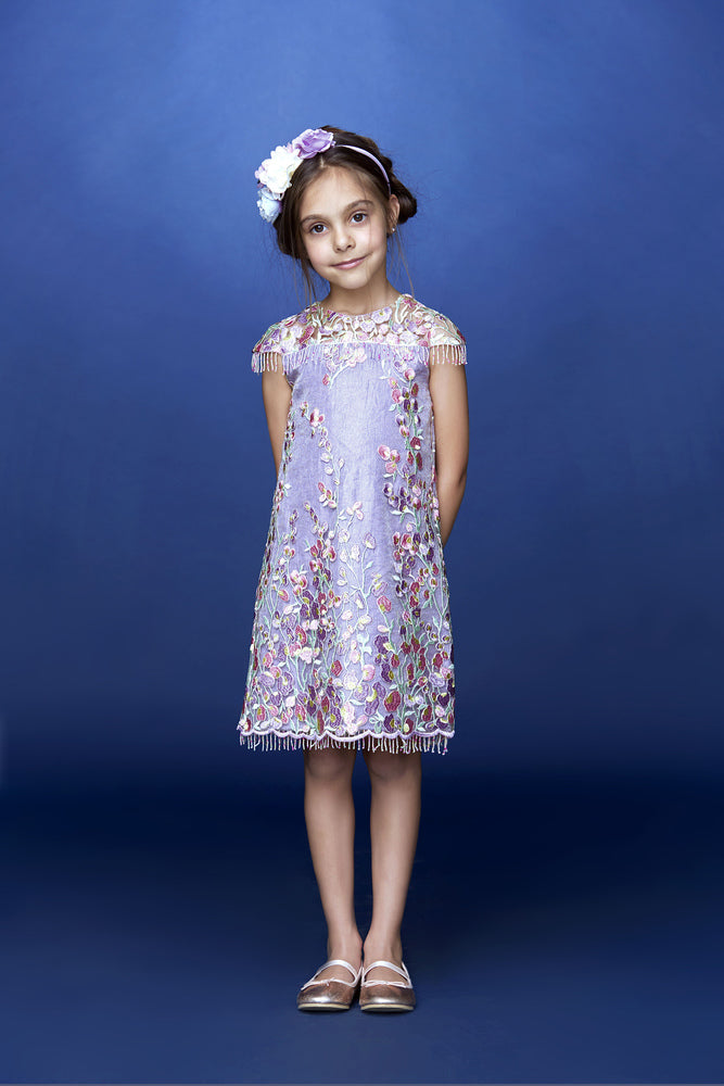 Lilac floral lace dress with multi-color glass fringes