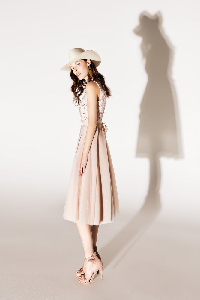 Powder pink dress with A-symetric tulle