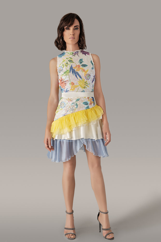 Multi-colored sequin dress with frills