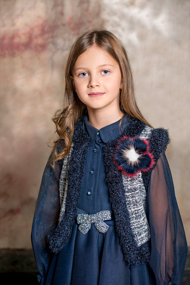 Blue tweed vest with fox fur flower