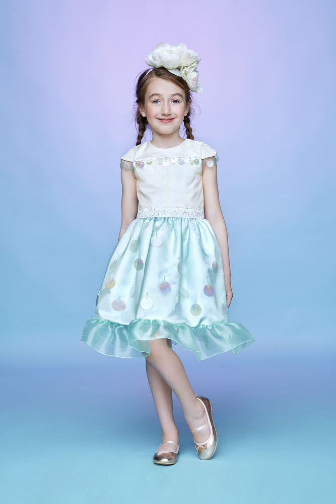 Pale yellow and green organza tulle dress with sequins