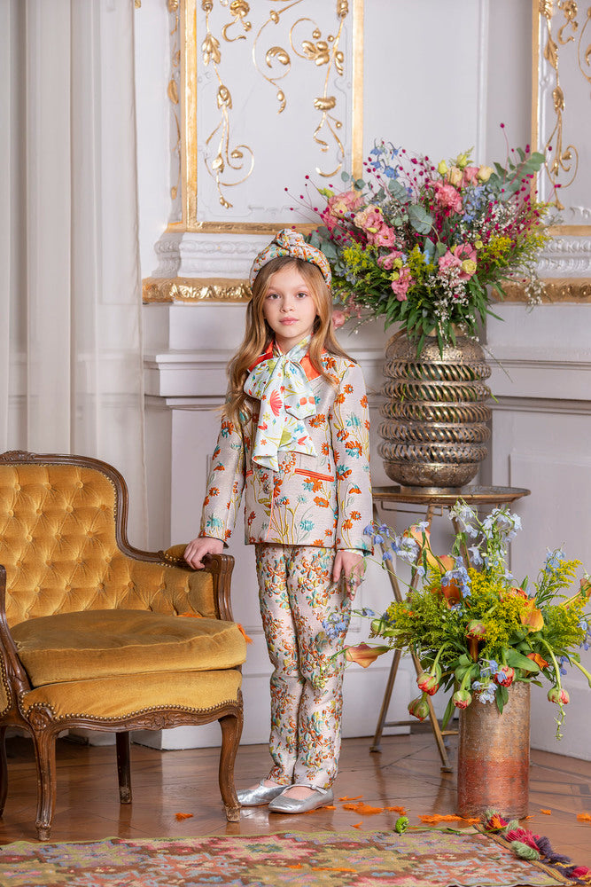 Orange floral jacquard blazer with Swarovski buttons