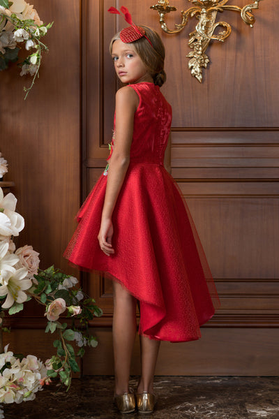 Asymmetrical shimmering red tull dress with hand-made flowers
