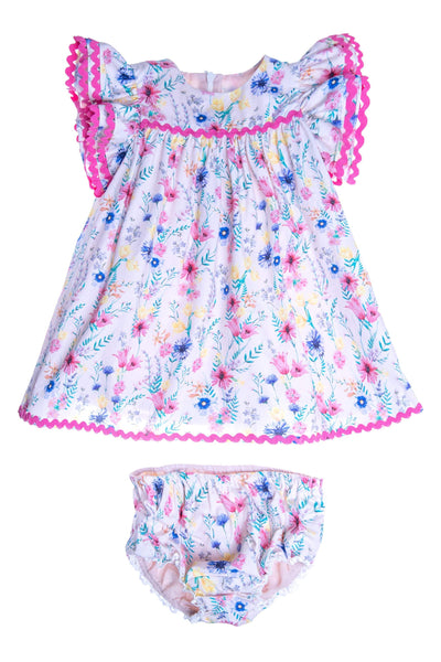 Baby light pink bright flowers satin cotton dress