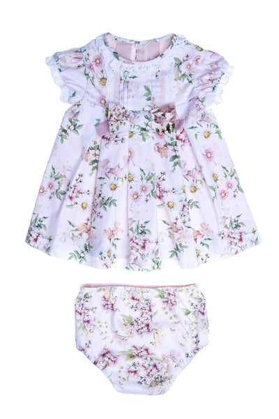 Baby light pink floral satin cotton dress with pink bow
