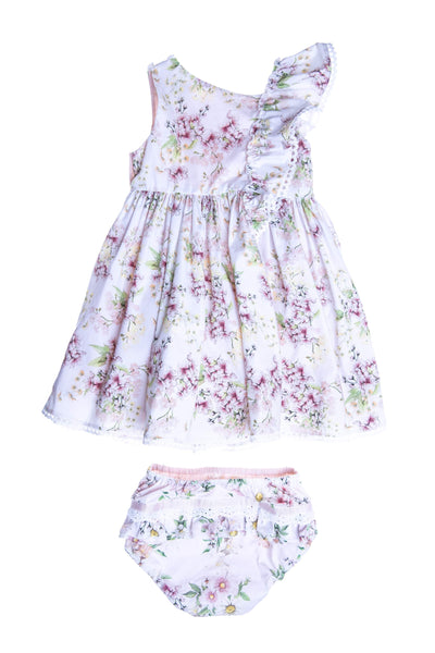 Baby light pink small flowers printed satin cotton dress with one shoulder
