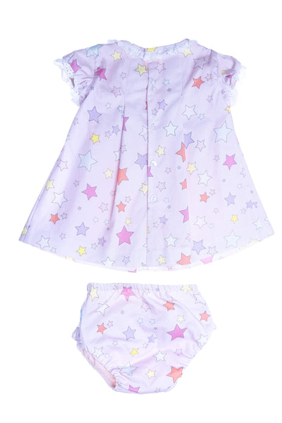 Baby pink stars satin cotton dress with bow