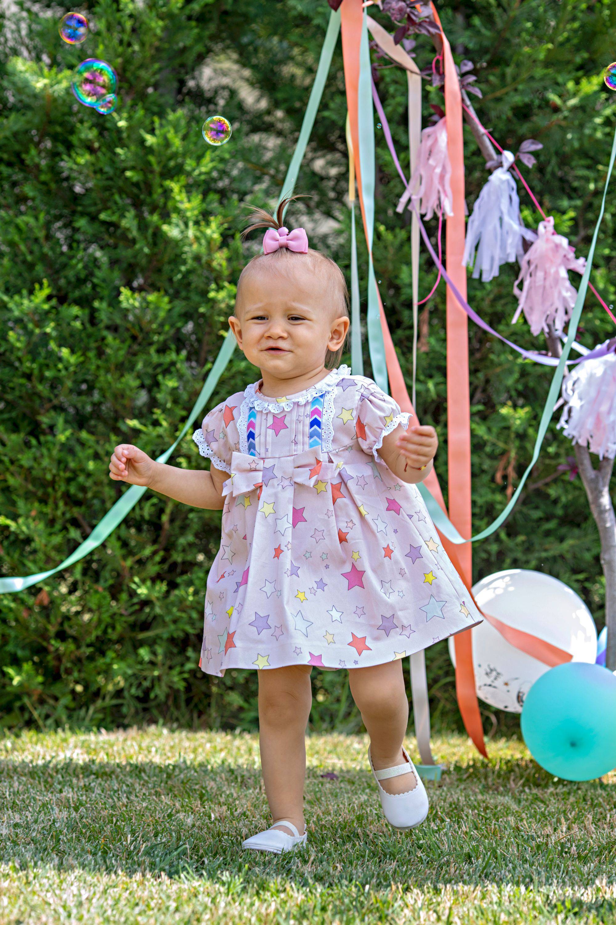 Baby pink stars satin cotton dress with bow