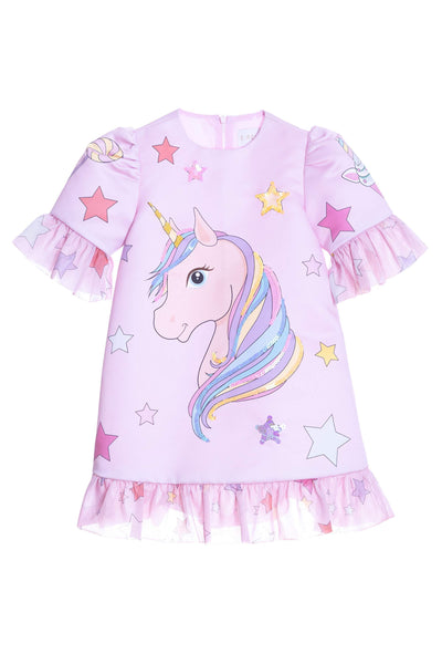 Baby pink unicorn dress with sequin hand-embellishments