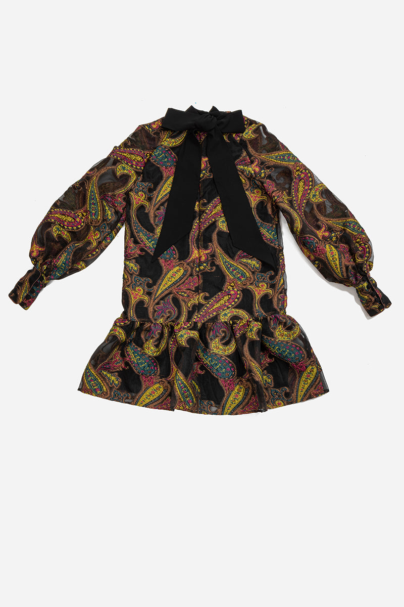 Black paisley dress with puffed sleeves