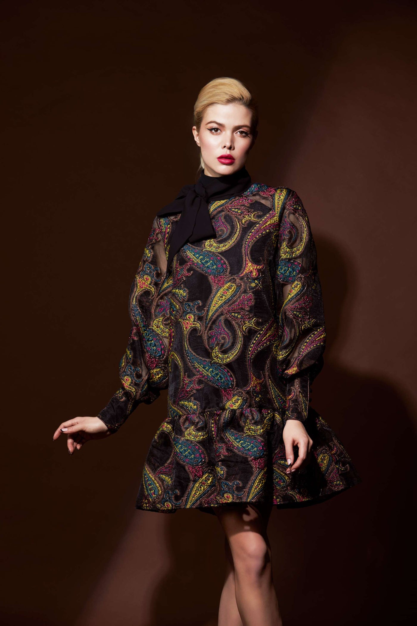 Black paisley dress with puffed sleeves