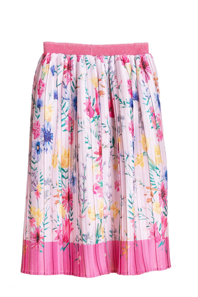 Bright flowers pleated skirt with fuchsia waist